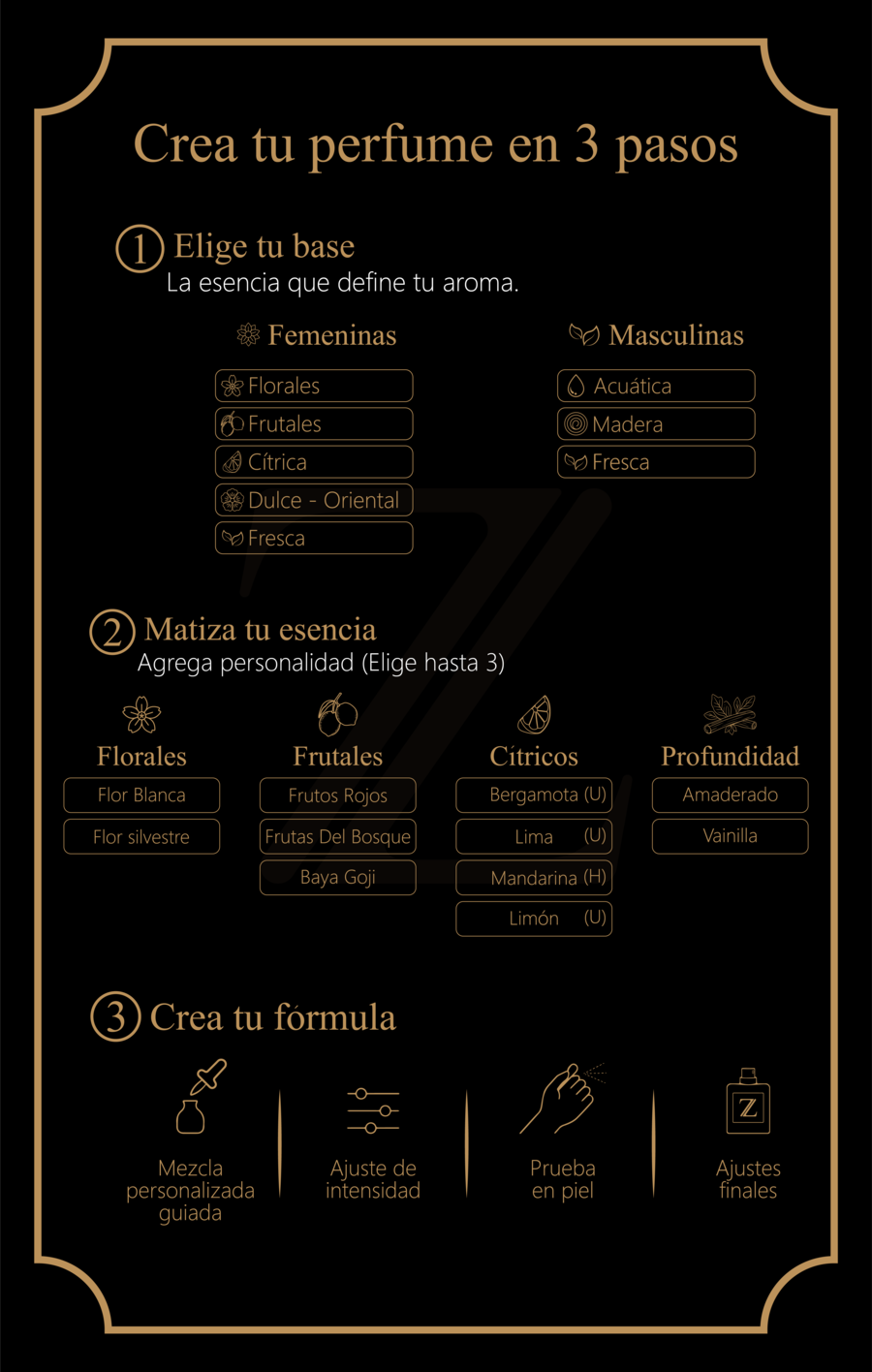 Menú Ezzencias: crea tu perfume en 3 pasos — elige tu base, matiza tu esencia y crea tu fórmula